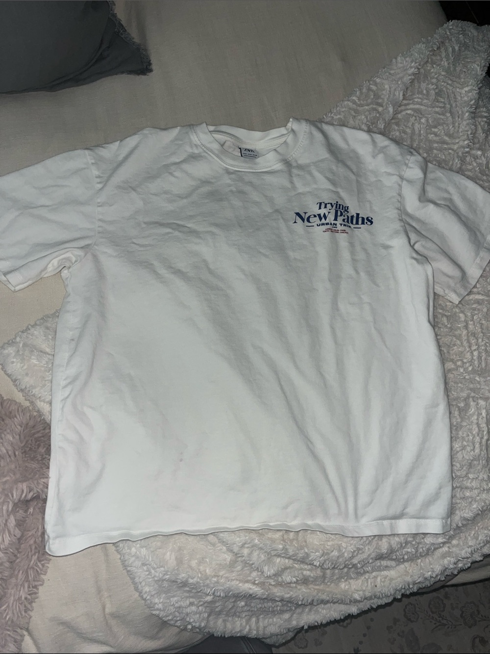 Zara White Short-Sleeve Tee with Blue 'Trying New Paths' Graphic